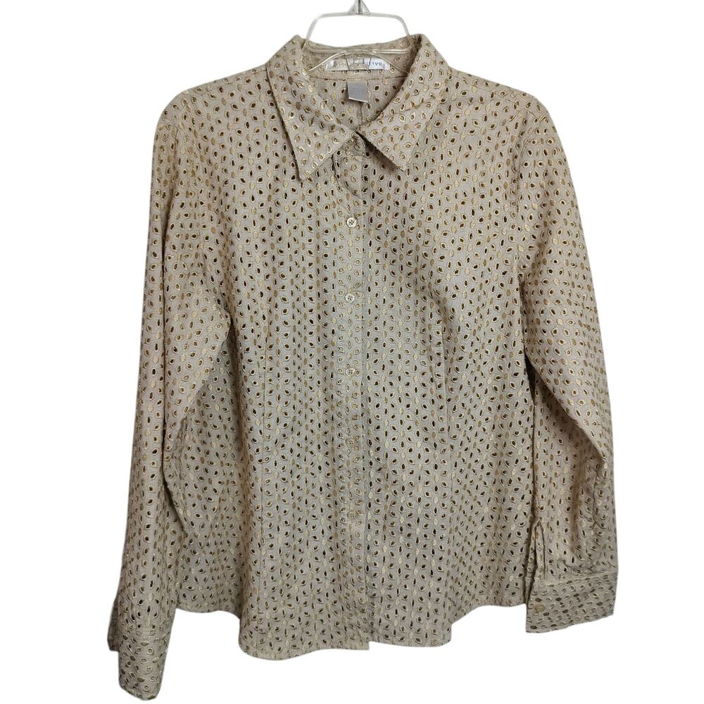 4429)Balinger Gold XL Beige Linen Blend Button Down Golden Eyelet Dress Shirt